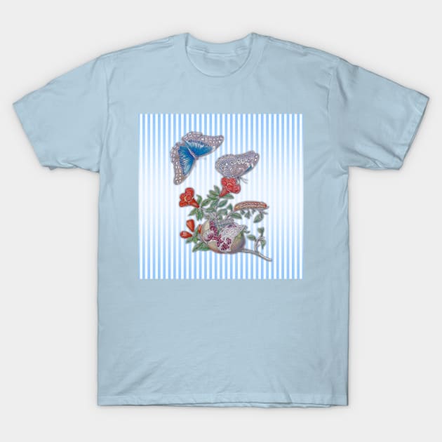 Blue Morpho Butterfly On Pomegranate T-Shirt by BonniePhantasm